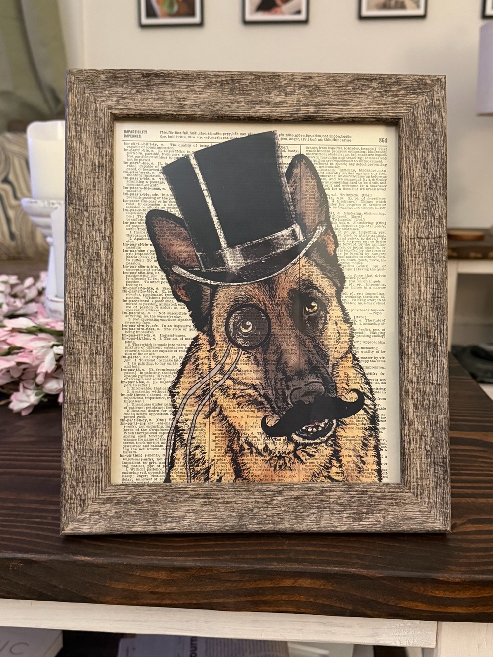 Whimsical German Shepherd Dog Portrait Art Print with Top Hat and Monocle